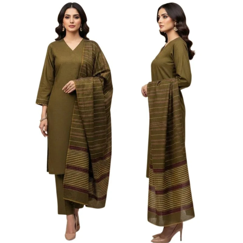 Winter Sussi Silk 3-Piece Suit for Women | Unstitched Plain Shirt & Trouser | Heavy Winter Sussi Shawl | Olive Green