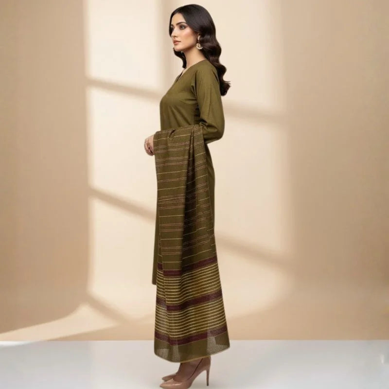 Winter Sussi Silk 3-Piece Suit for Women | Unstitched Plain Shirt & Trouser | Heavy Winter Sussi Shawl | Olive Green